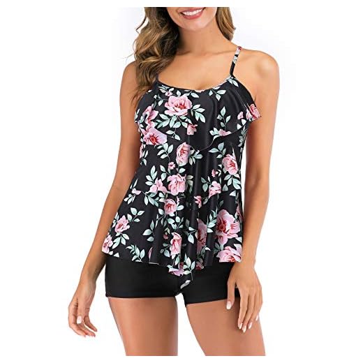 FLYILY Damen Zwei Stücke Tankini Rüschen Volant Geschichtet Bademode mit Boy Legs Shorts Rüschen Große Größen Bademode Badeanzug