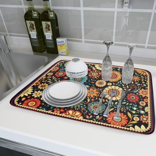 Boho Floral Dish Drying Mat for Kitchen Counter Absorbent Microfiber Flowers Drying Pad 18 X 24 In by Giwawa - Used condition - Image 6