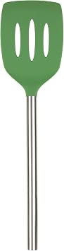 Tovolo Slotted Silicone Spatula Turner Slotted Stainless Steel Handle 10" Pesto Green Heat Resistant Non Toxic BPA Free Kitchen Utensil, Silicone Egg Pancake Flipper Metal Handle Turner for Cooking