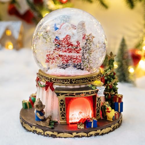 Santa Claus Fireplace Musical Snow Globe,Automatic Snowfall & Fireplace Flame