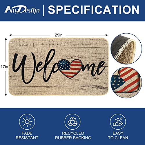 Anydesign Patriotic Welcome Doormat Rustic American Flag Heart Front Door Mat With Anti-Slip Rubber Independence Day 4Th Of July Doormat For Indoor Outdoor Kitchen Home Decor, 17 X 29 Inch #TOP1