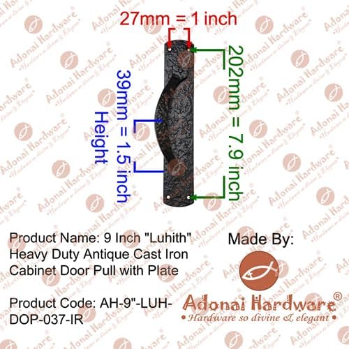 Adonai Hardware 9 Inch Luhith Heavy Duty Antique Cast Iron Decorative Door and Cabinet Pull with Plate (8, Black Powder Coated) for Vintage Sliding French Wooden Barn Doors, Gates, Fences, Farmhouse