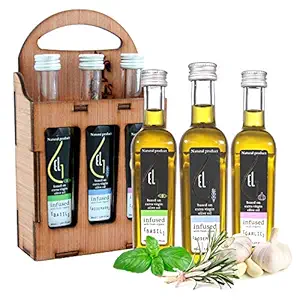 Pellas Nature, Organically Infused Extra Virgin Olive Oil Set, Finishing Oil, Flavors Basil, Rosemary and Garlic, Wooden Gift Set, 3 X 1.7oz Bottles