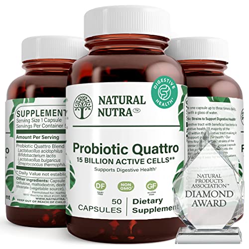 Natural Nutra Probiotic Quattro Supplement for Men & Women, Digestion Lactobacillus Acidophilus, Bifidobacterium Lactis, Streptococcus Thermophilus and Delbrueckii, 50 Capsules
