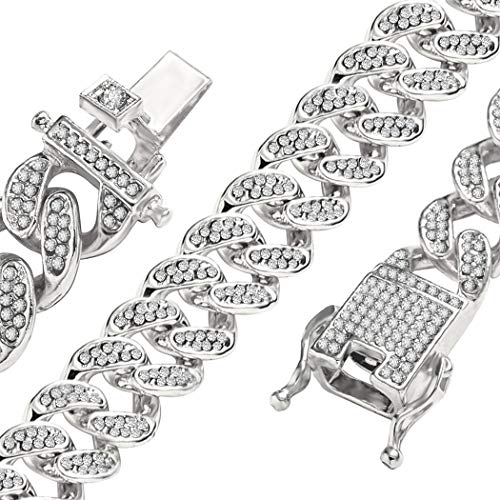 13mm Heavy Strong Necklaces Chain Iced Out Chain Bling Bling Miami Curb Cuban Link Chain Hip Hop Necklace Chain Silver Plated Rhinestone CZ Clasp Mens Women Jewelry Choker Chain 20