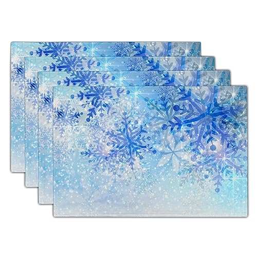 Giwawa Christmas Snowflake Placemats, White Blue Falling Crystal Nature Ice Table Mat, Winter Snow Place Mats Set of 4 for Kitchen Dining Decor, 12"x18", Heat Resistant Non-Slip