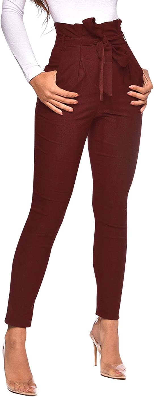OhveraWomen's All Occasions Paper Bag Waist Pants Trousers with Tie Pockets