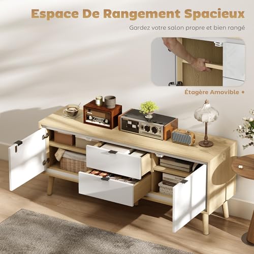 Meuble TV 120 cm blanc chêne 2 tiroirs HOMCOM