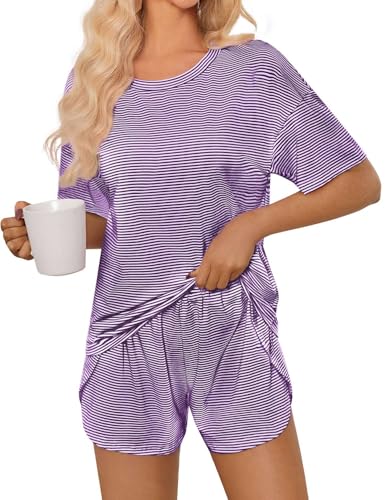 Image of JUSTFASHIONNOW Womens Pajama Sets Shorts Striped Print Two Piece Lounge Sets Crew Neck Sleepwear Split Shorts Set Soft Pjs