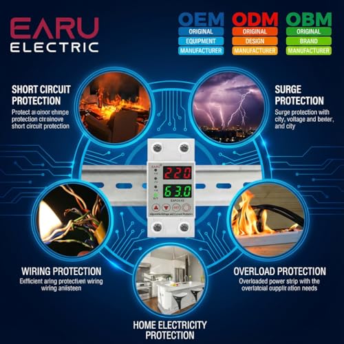 Image of EARU 63A Single Phase 220V Automatic Over /Under Voltage Protector (Adjustable Setting) | Auto Reconnect | RCBO RCCB ELCB MCB-220V | OEM 2026 Model | 3 Year Warranty