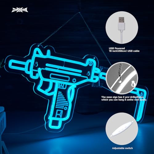 Image of Gun Neon Sign UZI Sign for Wall Decor Large Size(23.4x11.2 Inch) Smart plug timer compatible USB Powered Man Cave Bedroom Decor