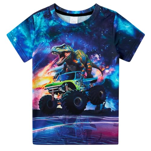 T-Rex Shirt for Kids Boys 6-8 Years Neon Galaxy Car Dinosaur Short Sleeve Tee Tops 3D Graphic Truck Print Novelty Playwear Summer Breathable Top Party Gift