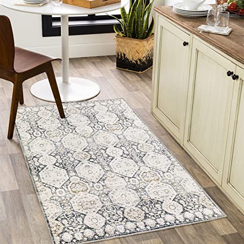 Roomtalks Flat Weave Non-Slip Vintage Distressed 2X3 Small Area Rug For Kitchen Bedroom Entryway Porch Indoor Doormat, Ultra Thin Dark Gray Boho Farmhouse Accent Throw Rugs Floor Carpet Mat #TOP1