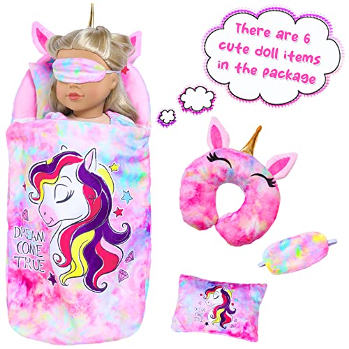 Unicorn Element 6 Pcs 18 Inch Girl Doll Sleeping Clothes Set - Unicorn Nightdress With Sleeping Bag, Pillows, Eye Mask And Shoes For My Our Life Generation Doll Accessories Stuff #TOP7