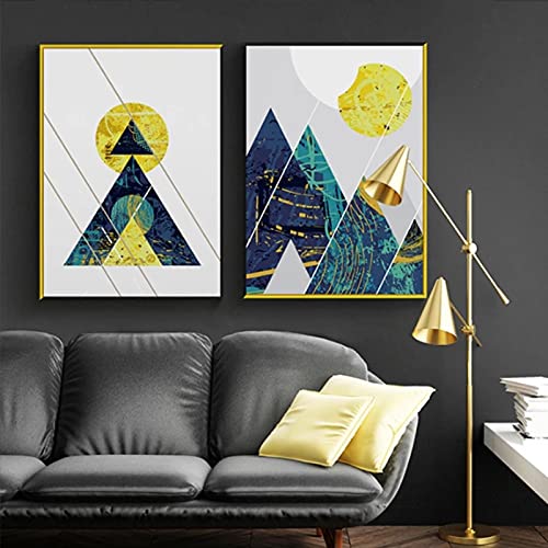 Toile nordique montagne bleu pour habiller un grand mur vide | Set de 2 affiches