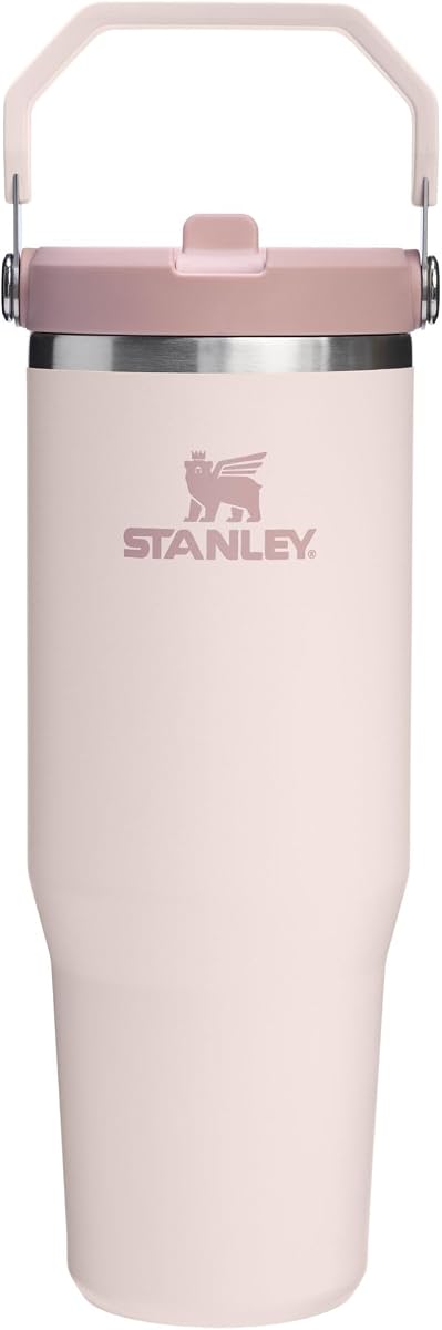 Vaso con pajita abatible STANLEY IceFlow 2.0, 30 oz, cuarzo rosa | Asa de fácil transporte | Tapa giratoria y pajita abatible | Botella de agua resistente a fugas | Acero inoxidable aislado | Sin BPA