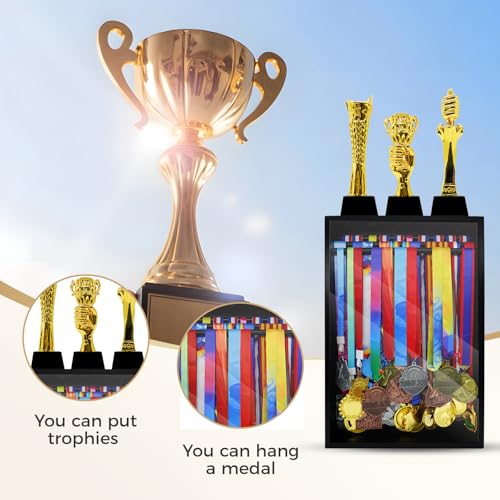 Image of Medal Hanger Display Case, Dust-Proof 22 inchx15 inch Wall Mount medal holder with 3 Hanging Rods & Trophy Shelf, Holds 60+ Medals, HD Tempered Glass, Solid Wood, for gymanstics,race,soccer,swim