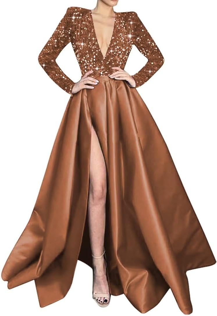homdor Long Sleeve Sequin Prom Dresses for Women Sparkly Formal Evening Dress Satin Wedding Dress with Slit