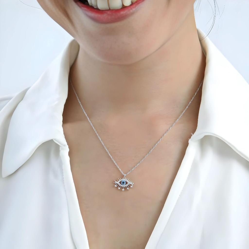 925 Sterling Silver Evil Eye Pendant Necklace | Rhodium-Plated Blue & White Zircon Lareyn Design | Women’s Protective Jewelry Gift - Image 6