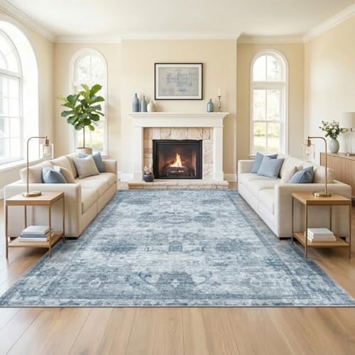 Homemate Washable Rug 8x10 Area Rugs - Vintage Faux Wool Rugs for Living Room Bedroom Dining Room - Non Slip Foldable Carpet Indoor Area Rug for Home Decor（8'x10', Blue