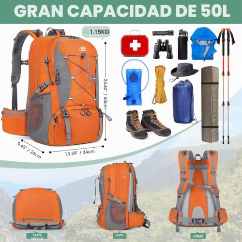 Miniatura 5 de Nubily Mochila Senderismo Hombre Impermeable 50l Mochilas Marcha Mujer Mochila De Camping Al Aire Libre De Moda Mochila De Viaje Ligera Naranja