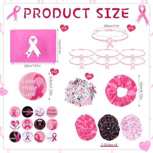 Capoda 98 Pcs Breast Cancer Awareness Accessories Includes Pink Ribbon Awareness Bracelets Hair Scrunchies Stickers Pins Makeup Bags Breast Cancer Survivor Items for Women Charity Event Supplies2