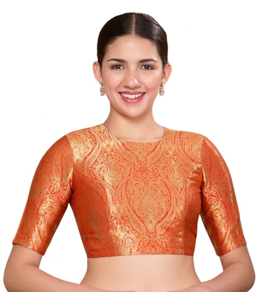 Image of Studio Shringaar Women Brocade Silky Jewel Neck Readymade Elbow Length Sleeve Saree Blouse