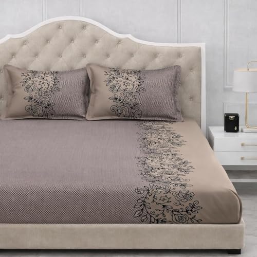 Image of 300 TC Cotton Feel Glace Cotton Elastic Fitted Bedsheet for King Size Double Bed | Fits up to 8 Inch Mattress | Printed Bedsheet with 2 Pillow Covers (Coffee, Queen Size - 60 inchx78 inch)
