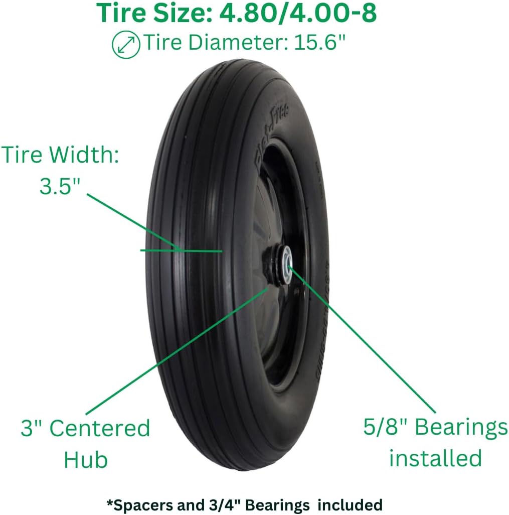 Flat Free 4.80/4.00-8 Tire Assembly with Adapter Kit, Ribbed Tread