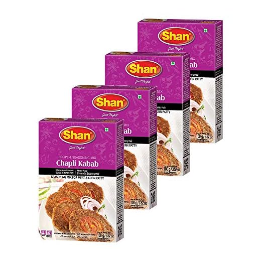 Shan Chapli Kabab Recipe and Seasoning Mix 3.52 oz (100g) - Spice Powder for Traditional Meat & Corn Patty - Suitable for Vegetarians - Airtight Bag in a Box (Pack of 4)