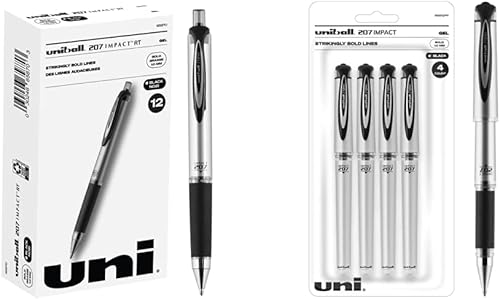 Uniball Signo 207 Impact RT - Bolígrafos de gel retráctiles (paquete de 12) y bolígrafos de gel Uniball Signo 207 Impact Stick (paquete de 4)