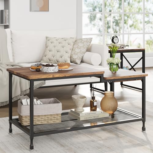 CABIHOME Industrial Coffee Table 2-Tier Rustic Center Table Living Room Table with Mesh Shelf Rectangle Storage Cocktail Table Metal Frame Sturdy Coffee Table, Easy to Assemble, Rustic Brown