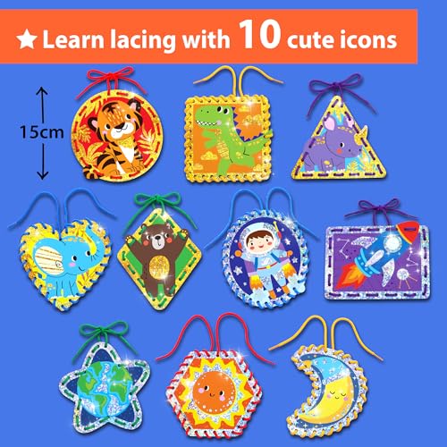 Image of KRAFUN Space & Dino Holographic Lacing Cards Age 3+ |10 Projects | Holographic lacing cards: T-Rex, Astronaut, Rocket, Tiger & Dinosaur. Builds fine motor skills. For boys & girls age 3+