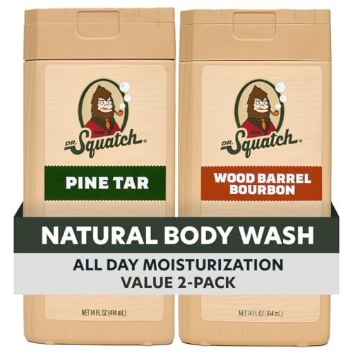 Dr. Squatch Natural Men's Body Wash Shower Gel - Cleansing, Nourishing, Long Lasting Scent, Moisturizing Body Wash for Men - Pine Tar + Wood Barrel Bourbon (14 oz, 2-Pack)