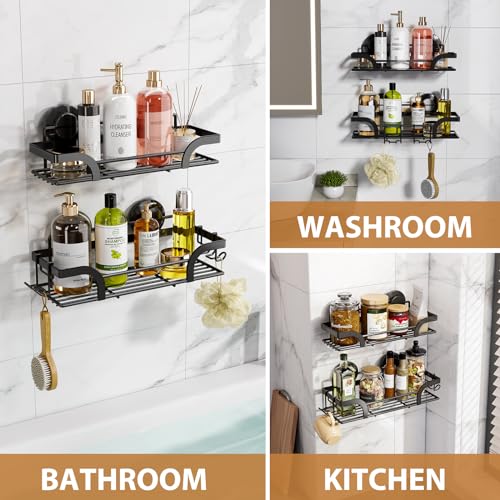 Image of LEVERLOC Shower Caddy Suction Cup, 2 Pack Shower Shelves for Inside, Black Rustproof Metal Bathroom Storage NO-Drilling Bathroom Organizer with Large Capacity, Heavy Duty Storage Basket