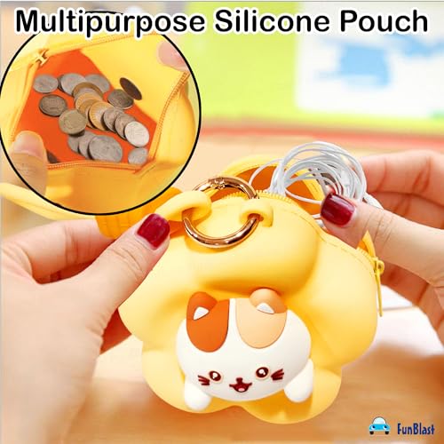 Image of FunBlast Soft Silicone Coin Pouch - Cute Animal Design Mini Purse with Strap, Multipurpose Silicone Pouch, Small Zipper Wallet for Kids & Girls, Kawaii Coin Bag - 9 X 9 X 6.5 cm (Yellow)