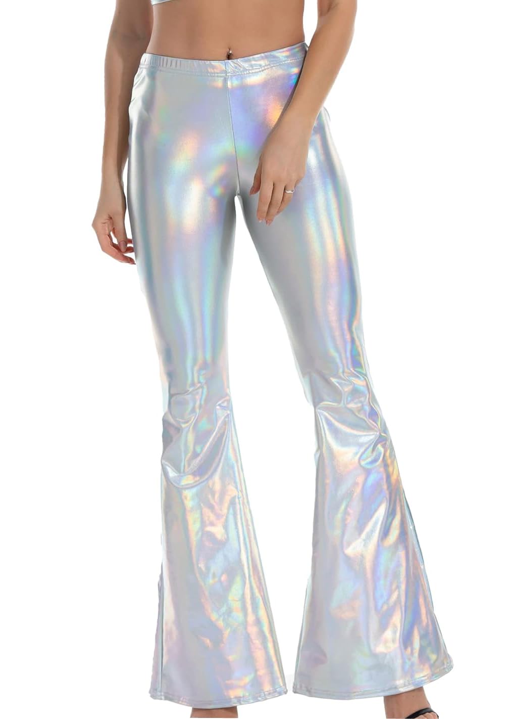 Toukingda Women's Silver Shiny Flare Pants, 80'S High Waist Metallic Flared Trousers For Disco, Wide Length Leggings For Dancewear Nightclub, Full Length Sexy Wet Look Yoga Palazzo Trousers For Party Rave Carnival