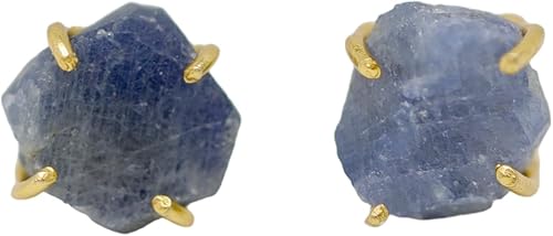 Raw Blue Sapphire Gemstone Stud Earrings- Prong Setting- 14k Gold overlay on Sterling Silver- September Birthstone Birthday Gift Idea
