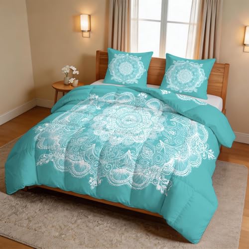 Edredón boho mandala turquesa de 200x200 cm lavable sin funda 5
