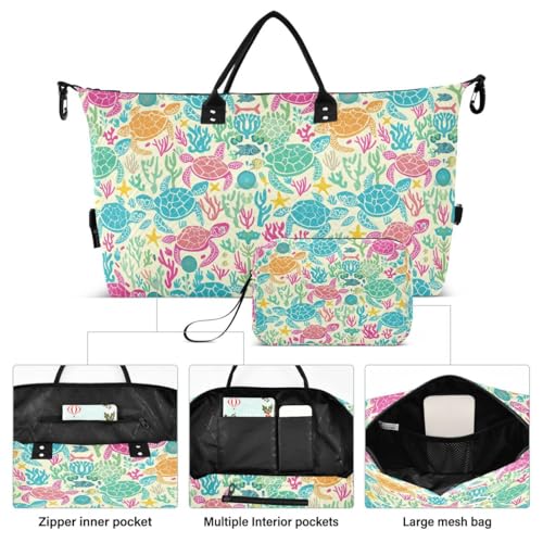 Colored Sea Turtle Coral Reef Travel Duffle Bag Gym Bag Weekender Bags with Toiletry Bag Travel Trip Tote Bag2