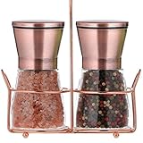 Copper Stainless Steel Salt and Pepper Grinder Set with Stand|Manual Himalayan Pink Salt Mill|Salt and Pepper Shakers with Adjustable Coarseness and Clear Glass Body (Pack of 2)