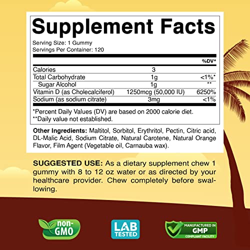 Vitabod Sugar Free Vitamin D3 50,000 Iu Weekly Supplement - 120 Vegetable Vitamin D Gummies For Bones, Teeth, And Immune Support - Easy Chew Pure Vitamin D3 50000 Iu- Non Gmo Pills #TOP1