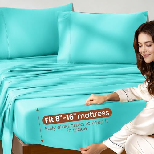 Image of 100% Egyptian Cotton Sheet Set 4 Pcs Full Size Sheets 1000 Thread Count Breathable Soft Bedding Set Fitted Sheet with 16 inch Deep Pocket (Full, Lake Green)