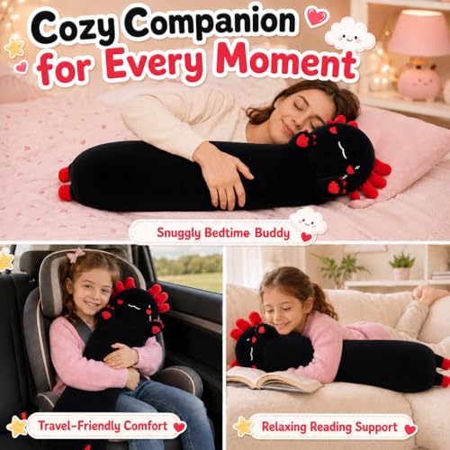 Yeqivo Long Axolotl Stuffed Animals 35.4 Inch, Soft Plush Pillow Cute Body Pillow Gifts for Kids Girlfriend, Black&Red by Yeqivo - Used condition - Image 4