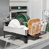 Dish Drying Rack, Large Stainless Steel Dish Racks for Kitchen Counter with Drainboard, Dish Rack with Adjustable Spout, Movable Cutlery Holder, Dish Drainers for Knives, Forks and Cups, Silver&Black