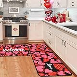 OUXIOAZ Valentines Day Kitchen Rugs Set of 2,Love Heart Welcome Decorative Non-Slip Rugs Holiday Wedding Party Profile Floor Mat for Home Kitchen 17'x47'+17'x30'