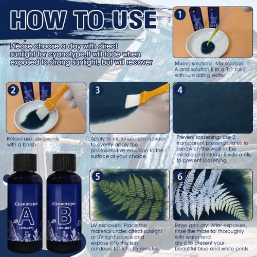 Miniatura 4 de Weilaok Cianotipia Kit, Cyanotype Sensitizer Set, Kit Completo De Cianotipo Ideal Para Proyectos De Teñido De Tela Papel, Ideal Para Manualidades Bricolaje. Da Rienda Suelta Tu Creatividad, 53 Piezas