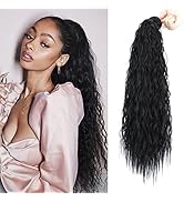 LUNDEREN Long Black Ponytail Extension Corn Wave Ponytail Wrap Around Ponytail Hair Extensions Lo...
