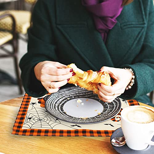 Whaline 6 Pack Halloween Placemats Orange Black Buffalo Plaids Pumpkin Truck Spider Web Bat Table Mats Waterproof Linen Dinner Mats For Home Kitchen Decor Supplies, 12 X 18 Inch #TOP5