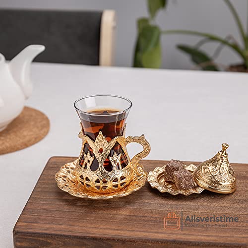 Alisveristime (Set Of 6 Handmade Turkish Tea Water Zamzam Serving Set Glasses Saucer (Gold) #TOP2